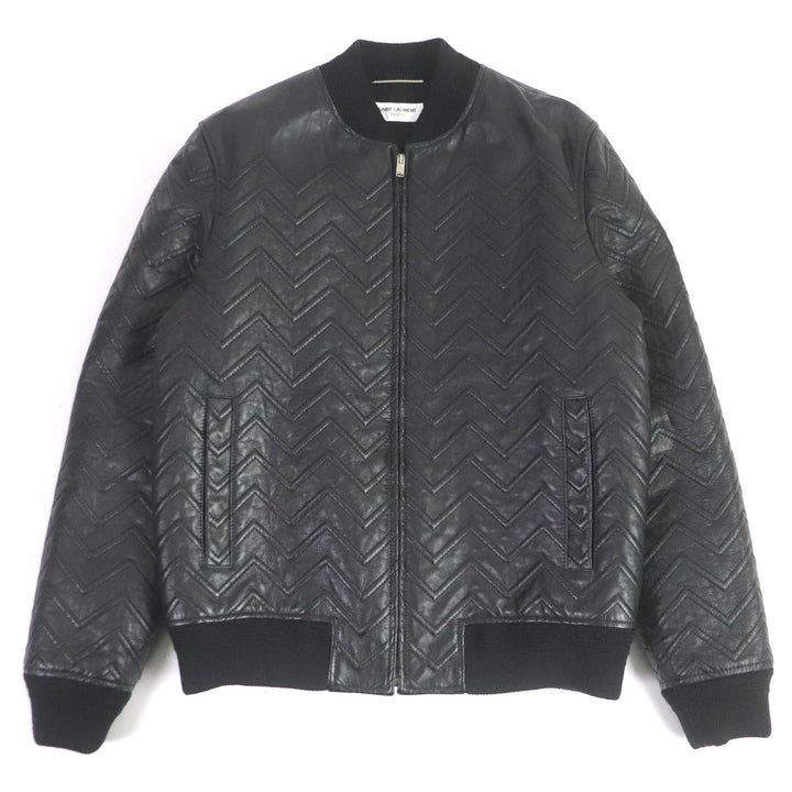 Discounted Excellent SAINT LAURENT PARIS leather jacket chevron stripe black mens 46 661008