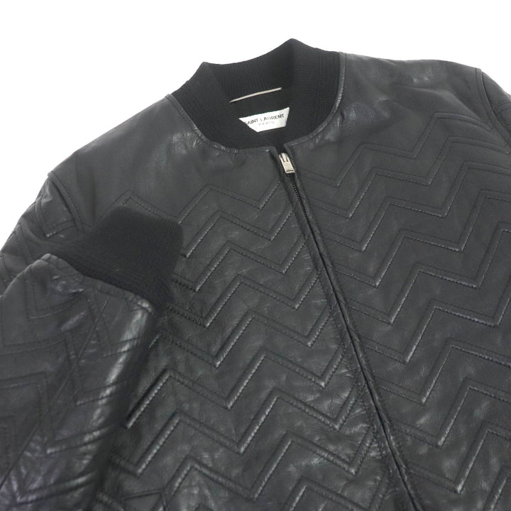 Discounted Excellent SAINT LAURENT PARIS leather jacket chevron stripe black mens 46 661008