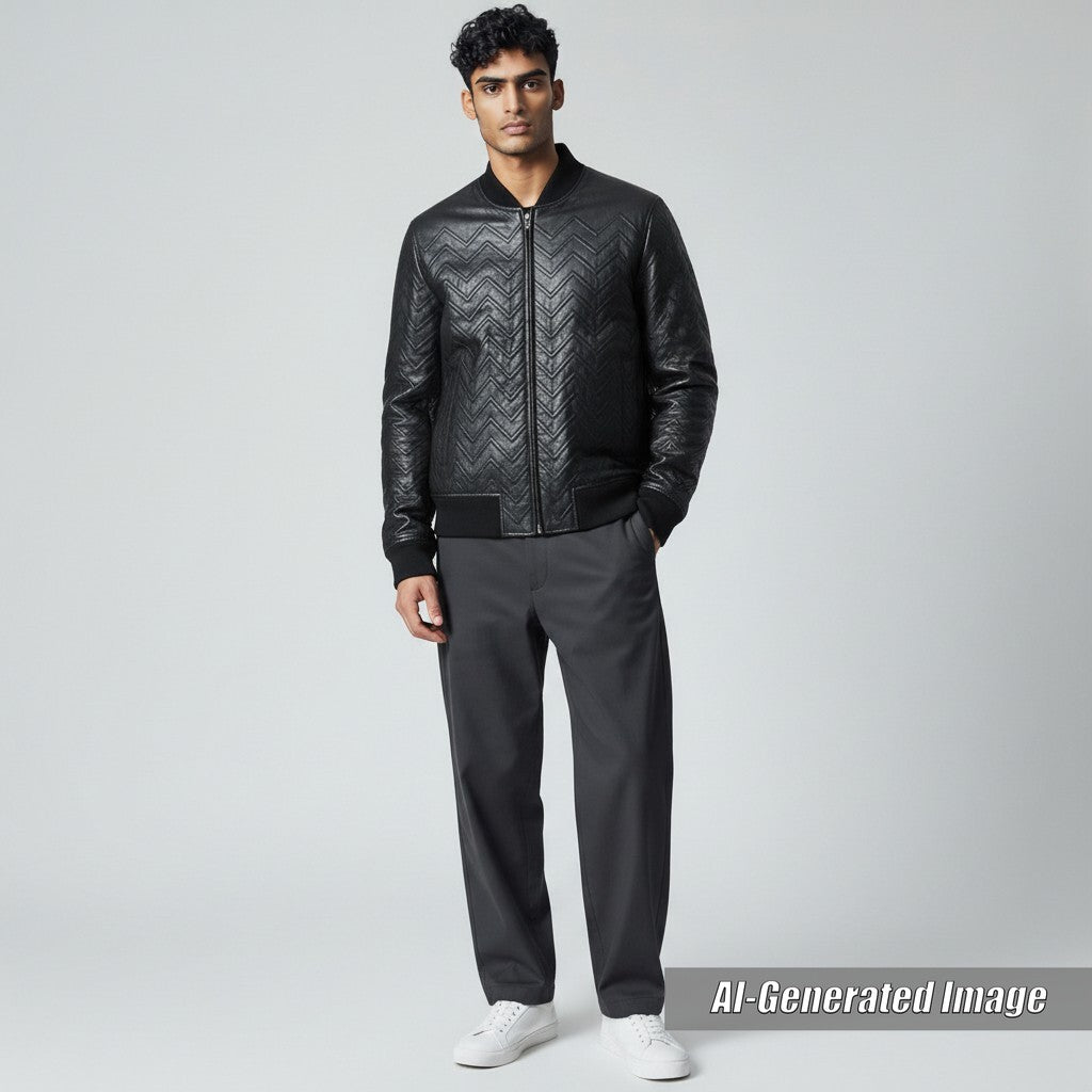 Discounted Excellent SAINT LAURENT PARIS leather jacket chevron stripe black mens 46 661008