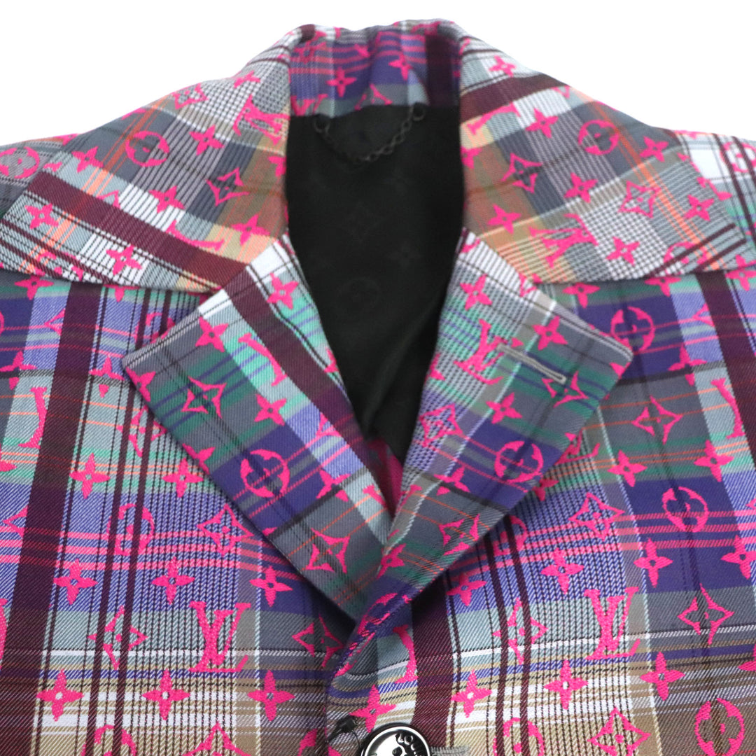 Excellent LOUIS VUITTON Chester coat Madras check monogram logo button mens 48