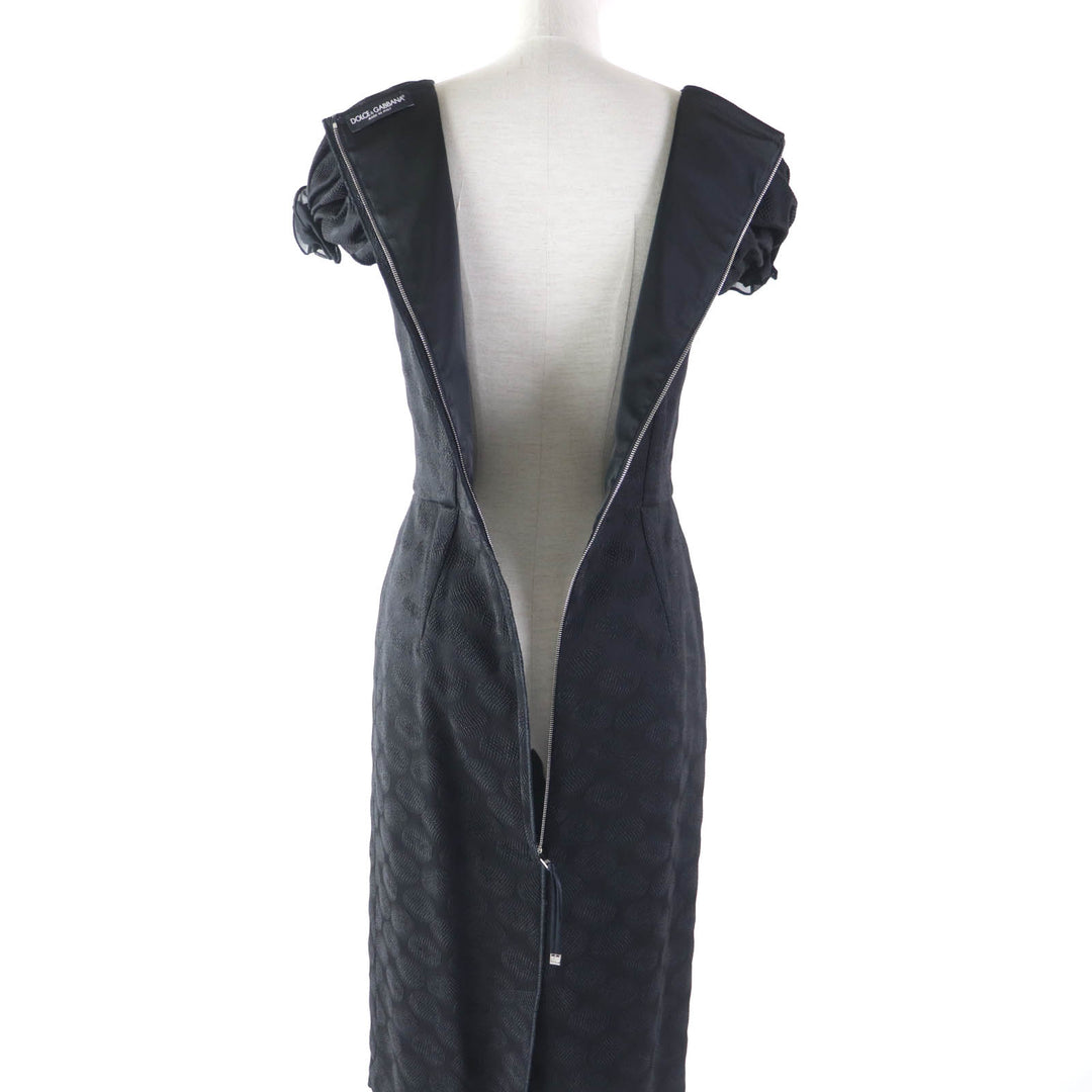Excellent DOLCE&GABBANA one piece Dot Pattern Rose Decoration Puff Sleeves Extra Long black acetate Women 38
