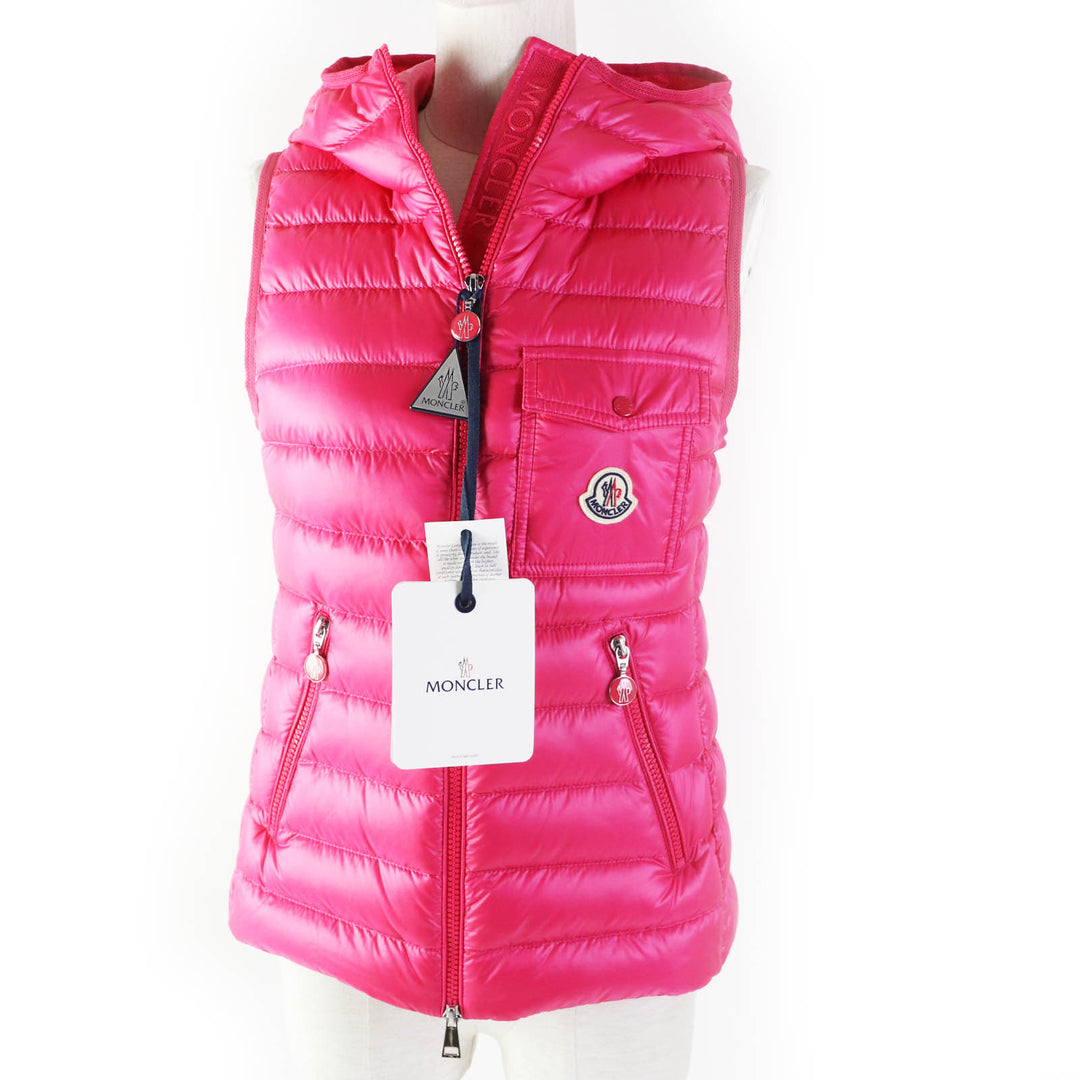 Pristine MONCLER Down vest GLYGOS Patch and hood pink Nylon Women 0