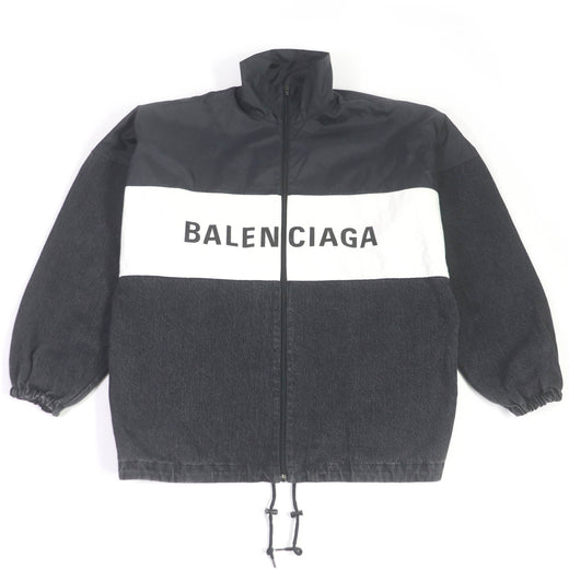 Discounted Excellent BALENCIAGA Blouson Logo printed denim oversized poplin shirt black 34