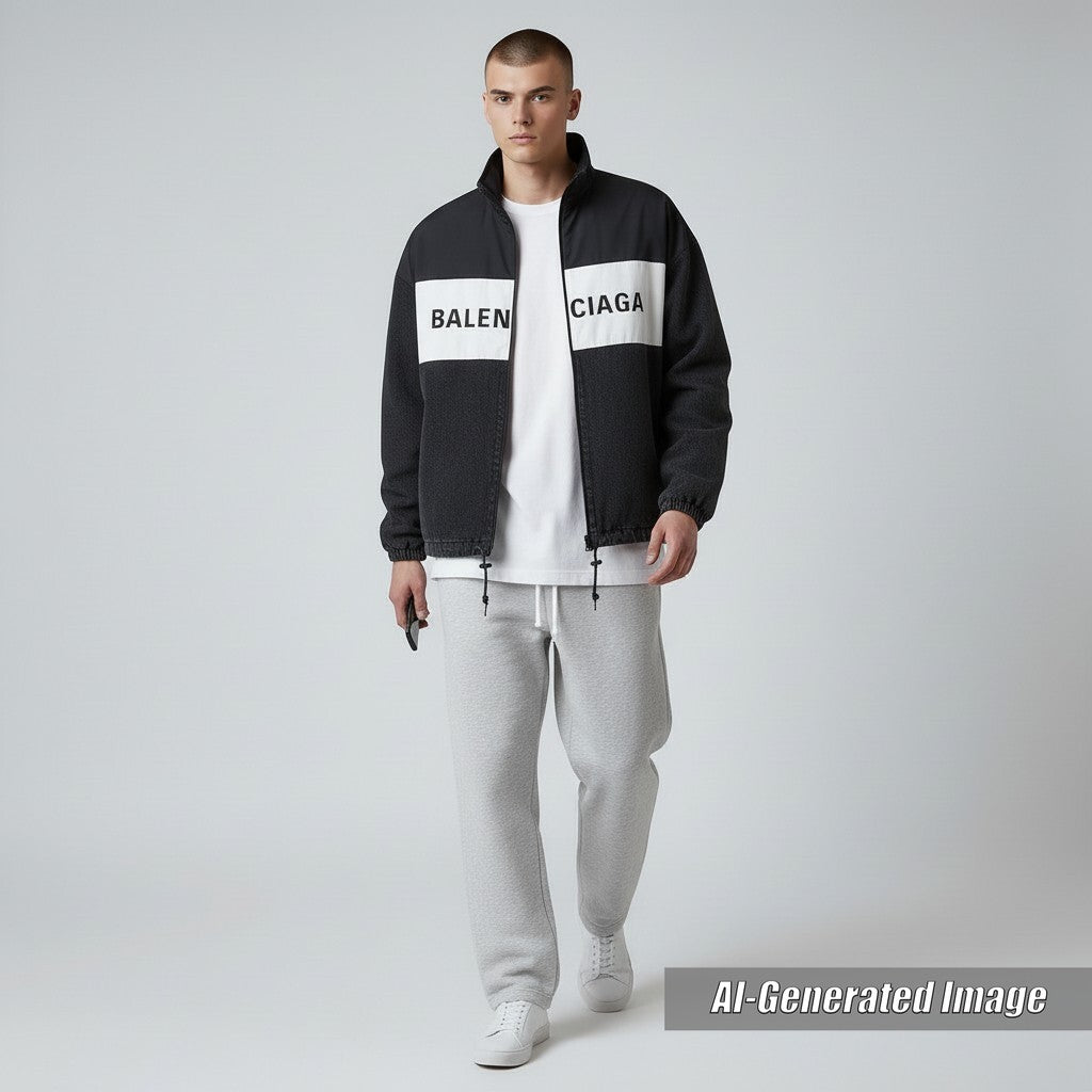 Discounted Excellent BALENCIAGA Blouson Logo printed denim oversized poplin shirt black 34