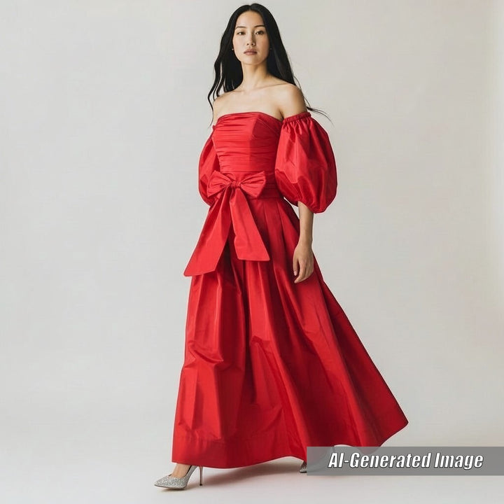 Discounted Great VALENTINO one piece Off-the-Shoulder A-Line Dress Red silk Women 38