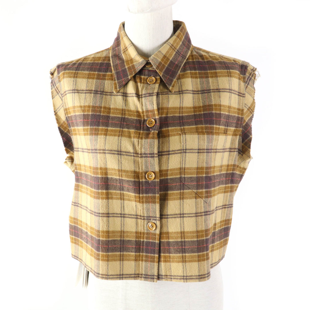 Discounted Excellent GUCCI Short sleeve shirt Check Pattern Cut-off Sleeveless Brown Women