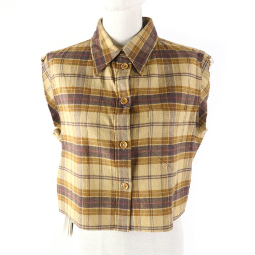 Discounted Excellent GUCCI Short sleeve shirt Check Pattern Cut-off Sleeveless Brown Women
