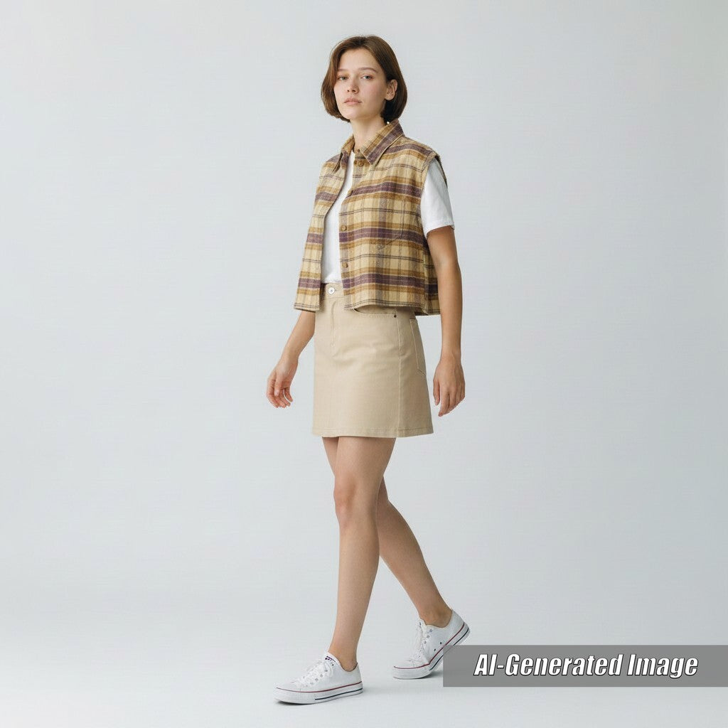 Discounted Excellent GUCCI Short sleeve shirt Check Pattern Cut-off Sleeveless Brown Women