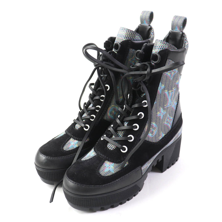 Excellent LOUIS VUITTON Ankle boots Monogram suede lace-ups leather Women 34.5