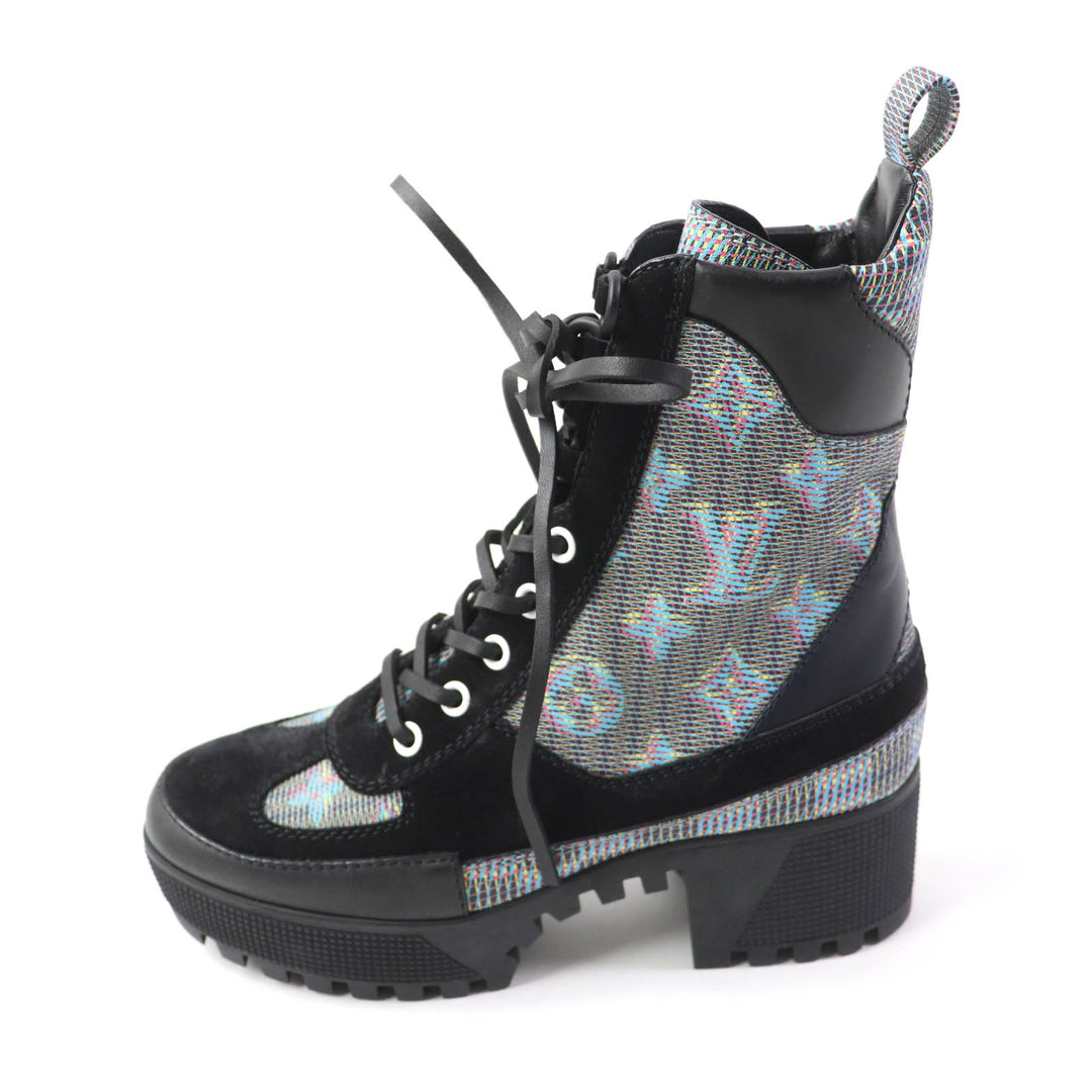 Excellent LOUIS VUITTON Ankle boots Monogram suede lace-ups leather Women 34.5