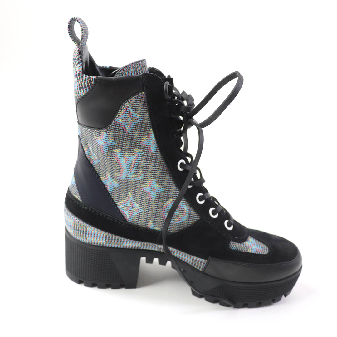 Excellent LOUIS VUITTON Ankle boots Monogram suede lace-ups leather Women 34.5