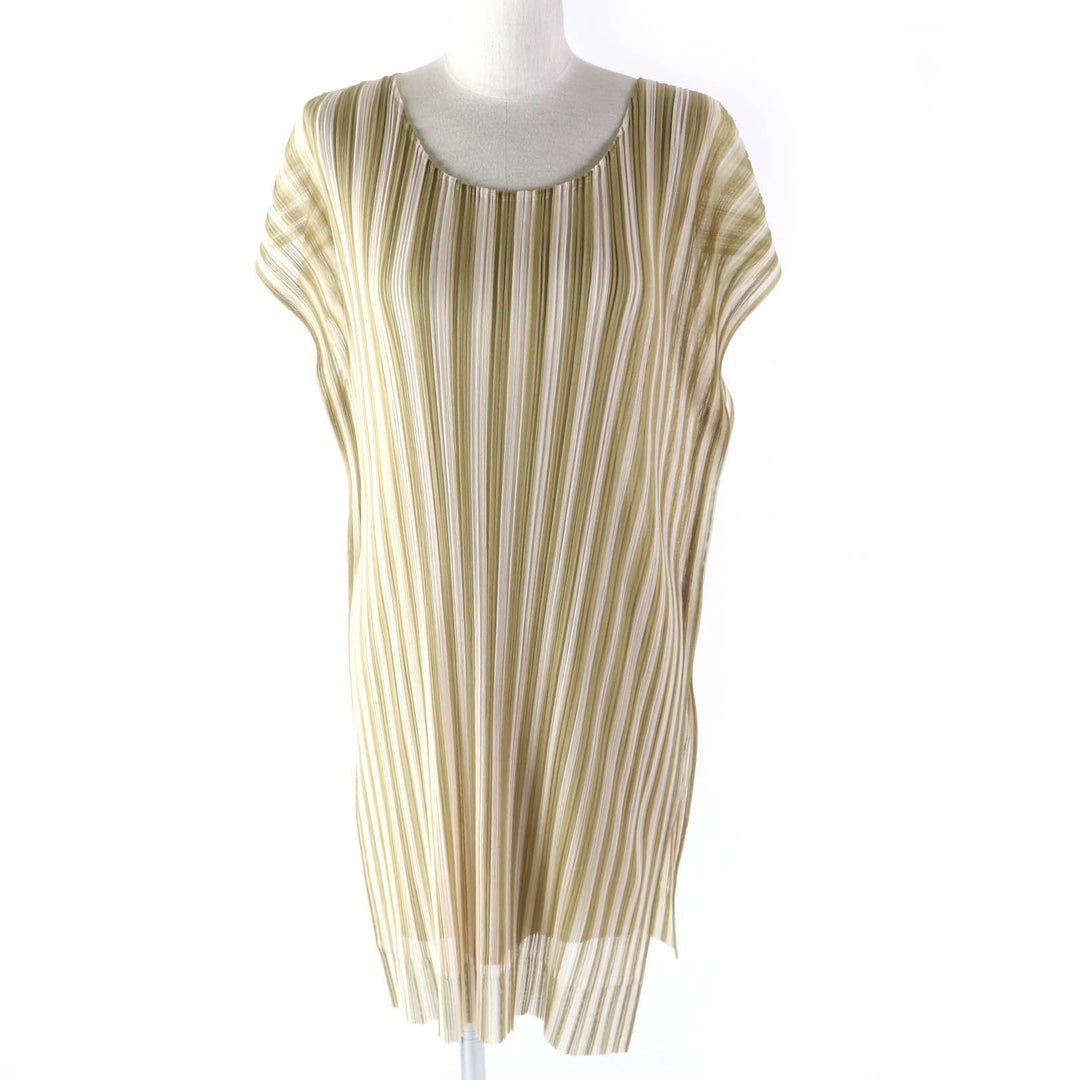 Discounted 
 Excellent PLEATS PLEASE one piece Stripe Pattern Layered Design French Sleeve beige polyester Women 4 PP41-JT677