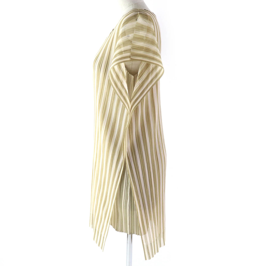 Discounted 
 Excellent PLEATS PLEASE one piece Stripe Pattern Layered Design French Sleeve beige polyester Women 4 PP41-JT677