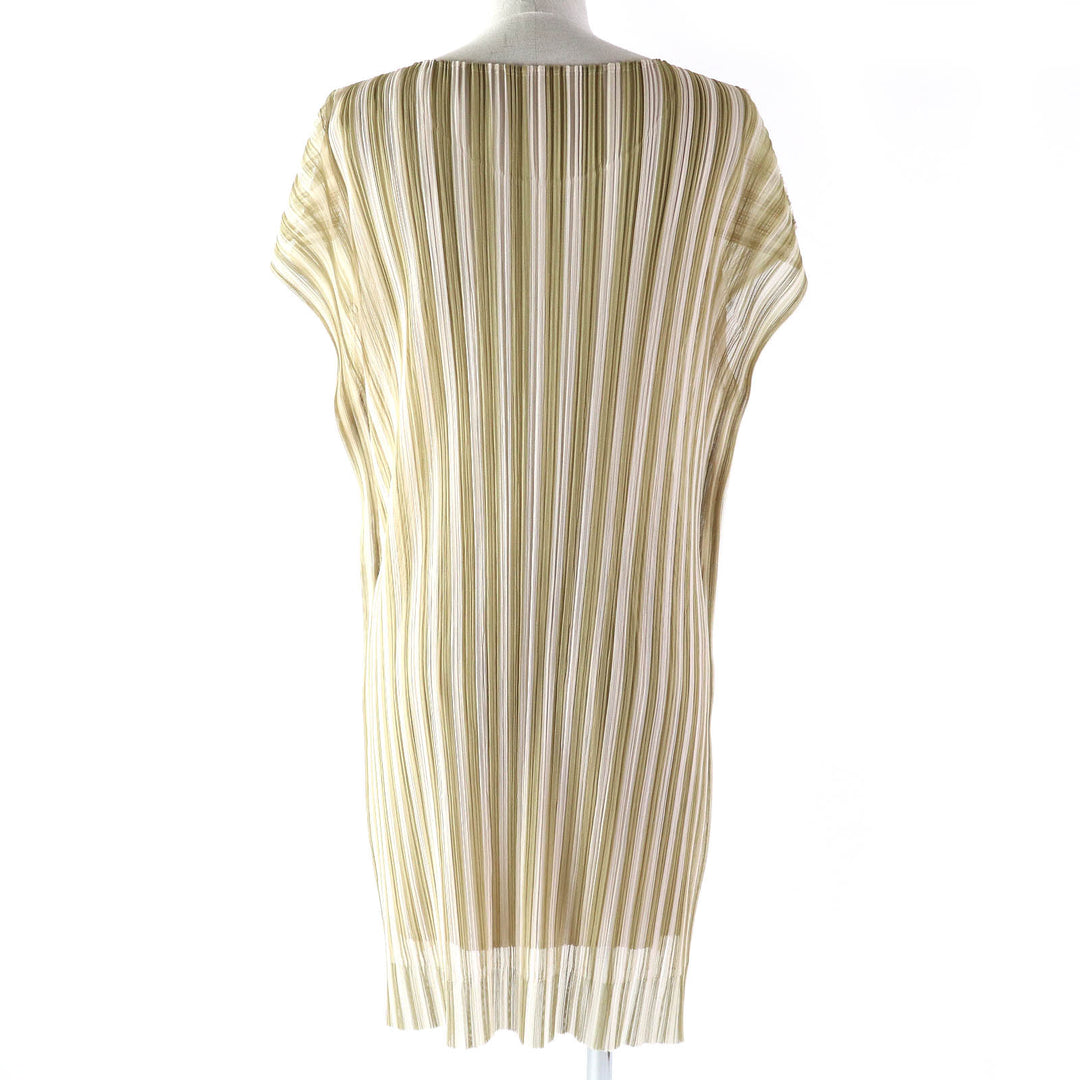 Discounted 
 Excellent PLEATS PLEASE one piece Stripe Pattern Layered Design French Sleeve beige polyester Women 4 PP41-JT677