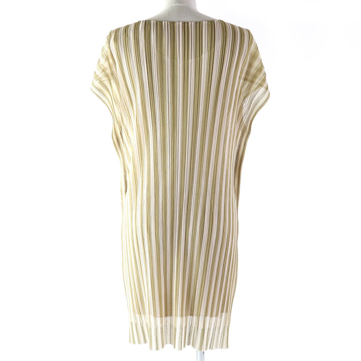 Discounted 
 Excellent PLEATS PLEASE one piece Stripe Pattern Layered Design French Sleeve beige polyester Women 4 PP41-JT677