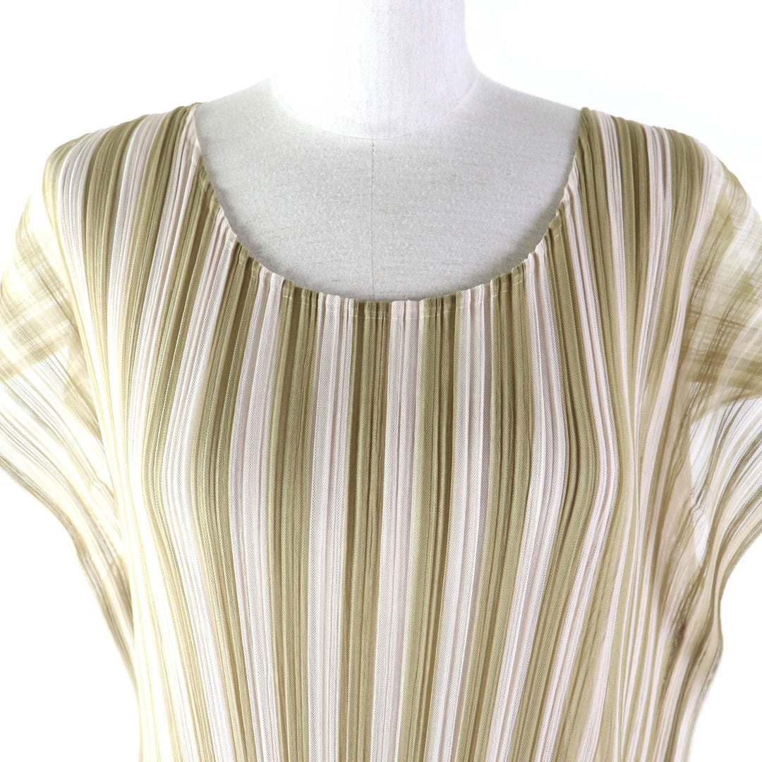 Discounted 
 Excellent PLEATS PLEASE one piece Stripe Pattern Layered Design French Sleeve beige polyester Women 4 PP41-JT677
