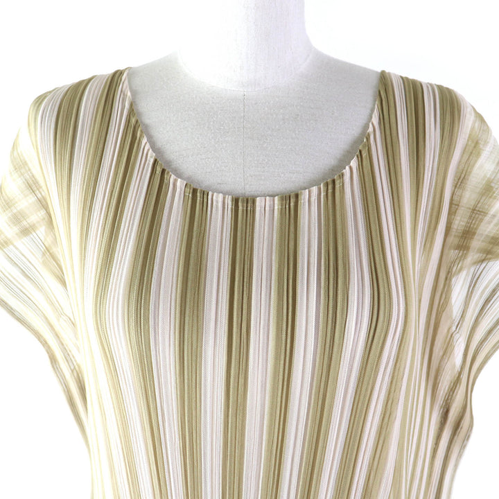 Discounted 
 Excellent PLEATS PLEASE one piece Stripe Pattern Layered Design French Sleeve beige polyester Women 4 PP41-JT677