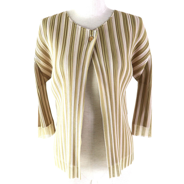 Excellent PLEATS PLEASE cardigan Stripe Pattern Layered Design Beige 3