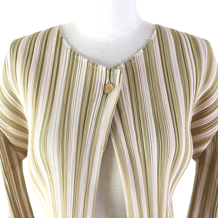 Excellent PLEATS PLEASE cardigan Stripe Pattern Layered Design Beige 3
