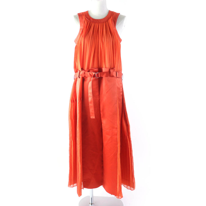 Great Sacai one piece Silk Satin Mix Dress Pleated Design Extra Long Orange cotton Women 1 22-06114