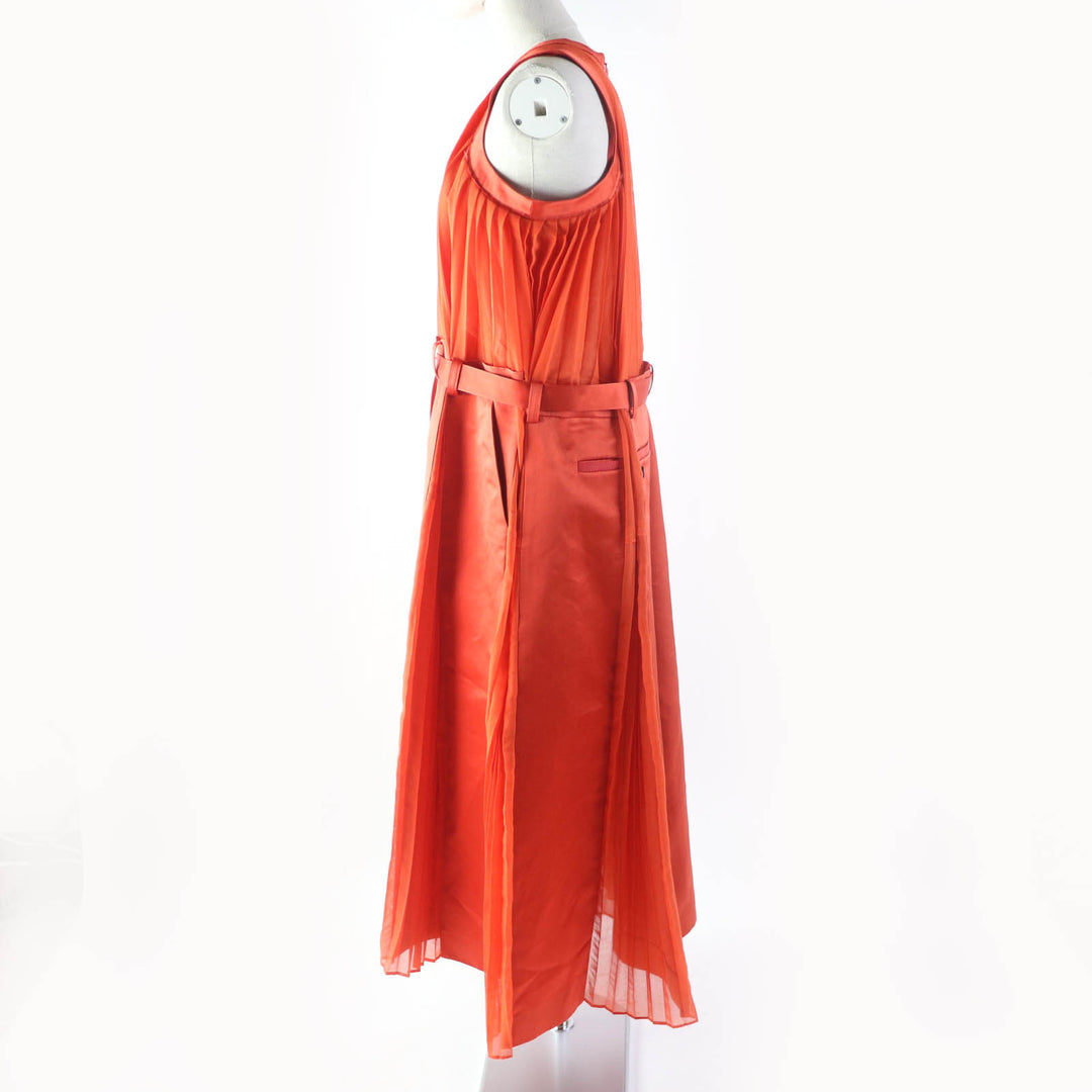 Great Sacai one piece Silk Satin Mix Dress Pleated Design Extra Long Orange cotton Women 1 22-06114
