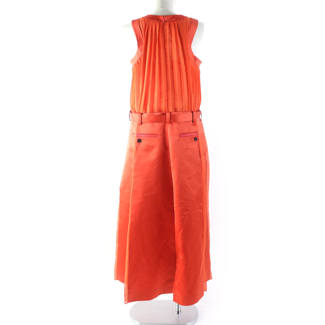 Great Sacai one piece Silk Satin Mix Dress Pleated Design Extra Long Orange cotton Women 1 22-06114