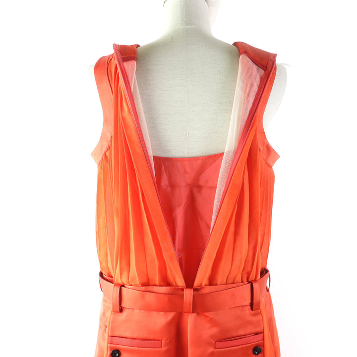 Great Sacai one piece Silk Satin Mix Dress Pleated Design Extra Long Orange cotton Women 1 22-06114