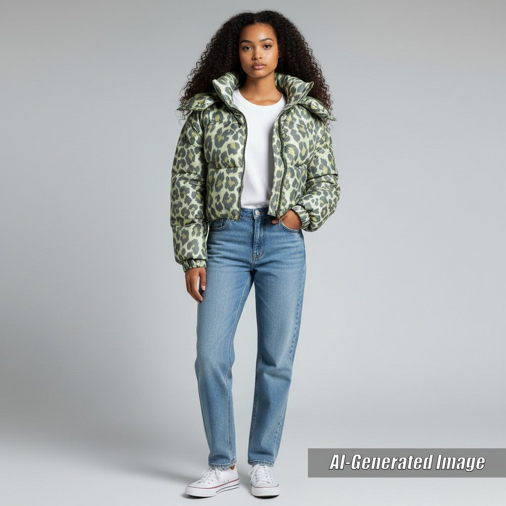 Excellent Sacai Blouson Leopard Pattern Cropped Hooded Padded WZIP Jacket green polyester Women 1 22-06404
