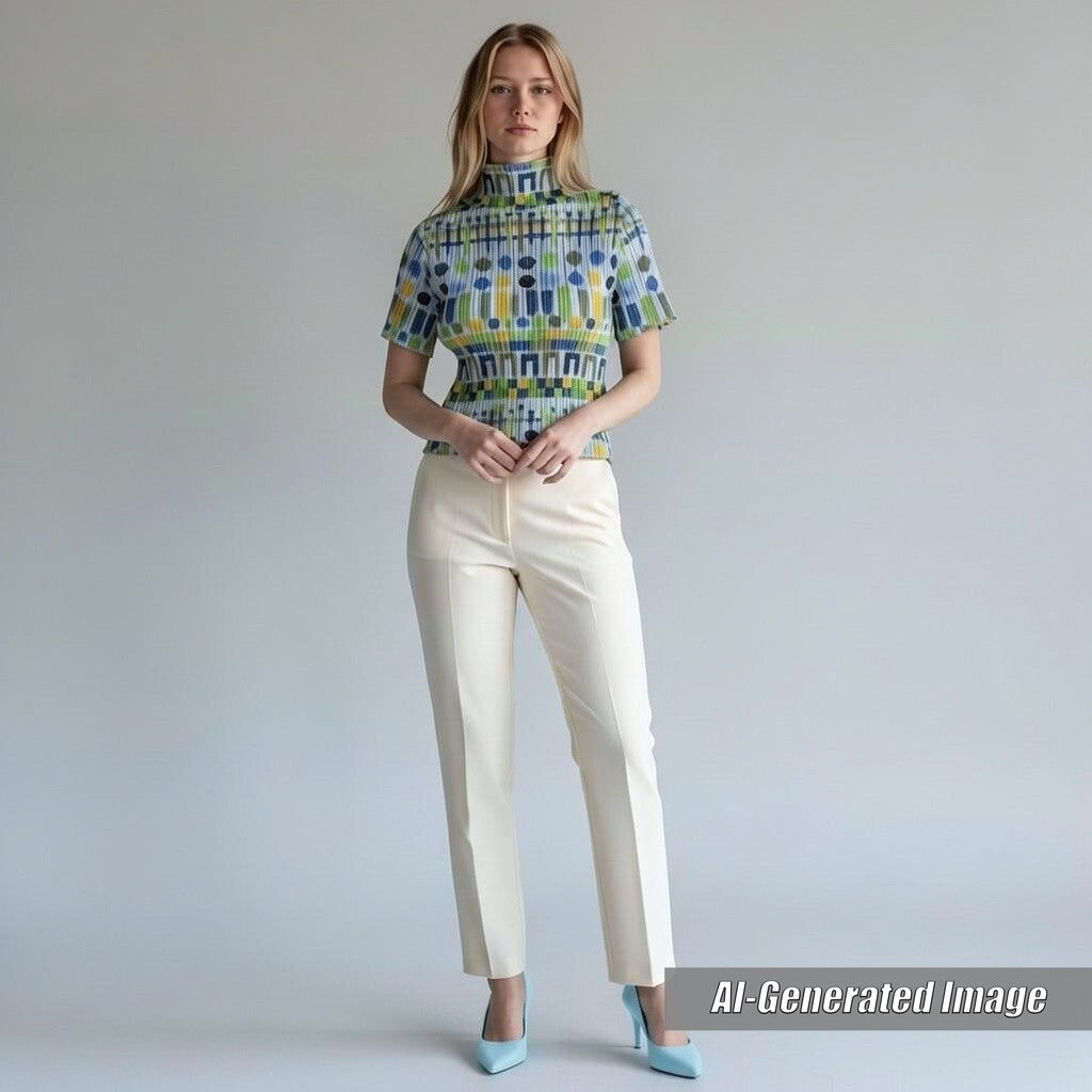 Discounted 
 Excellent PLEATS PLEASE T-shirt All-over print High neck French sleeves multicolor polyester Women 3 PP61-JK656