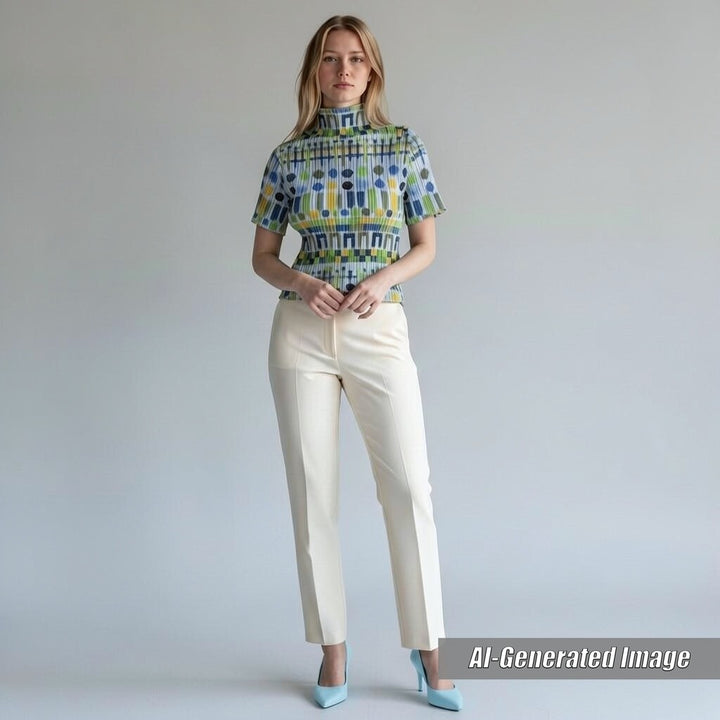 Discounted 
 Excellent PLEATS PLEASE T-shirt All-over print High neck French sleeves multicolor polyester Women 3 PP61-JK656