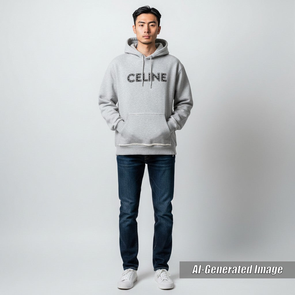 Discounted Great CELINE Parker Studded logo print pullover hoodie gray cotton mens S