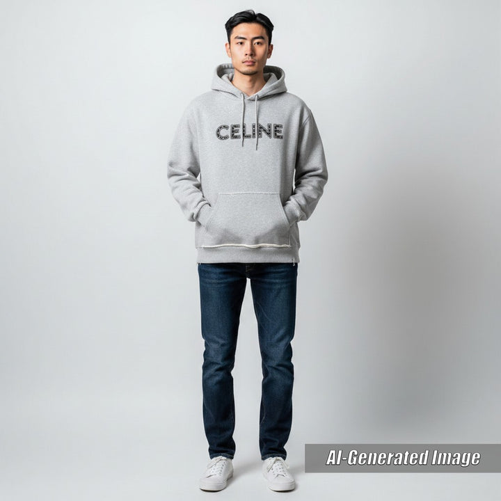 Discounted Great CELINE Parker Studded logo print pullover hoodie gray cotton mens S