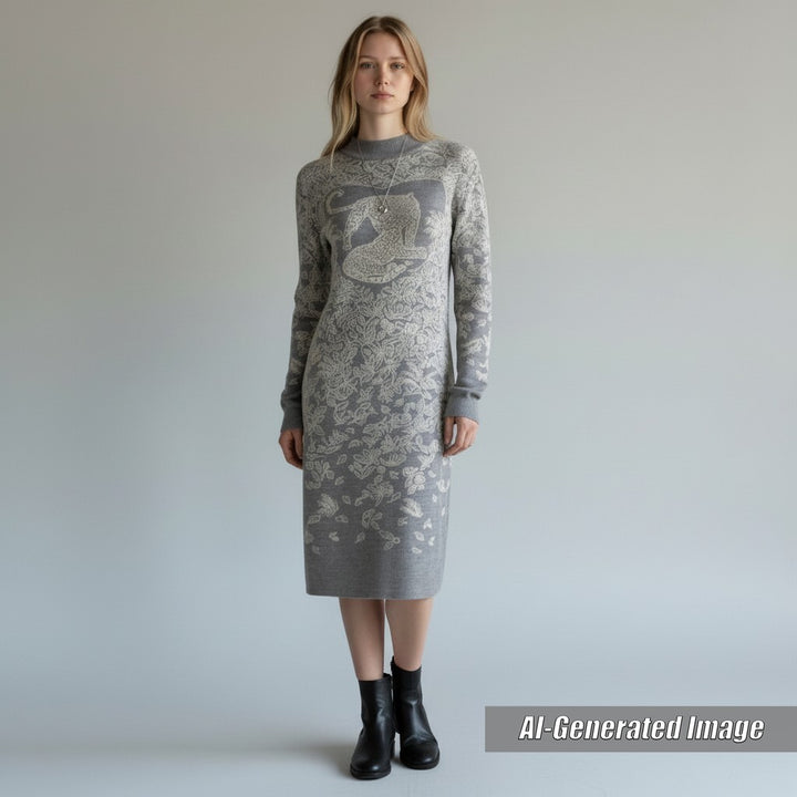 Excellent HERMES one piece Animal Design Long Sleeve Knit Gray white cashmere