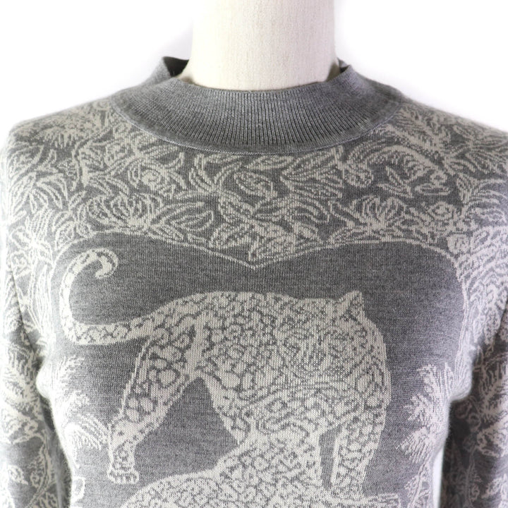 Excellent HERMES one piece Animal Design Long Sleeve Knit Gray white cashmere