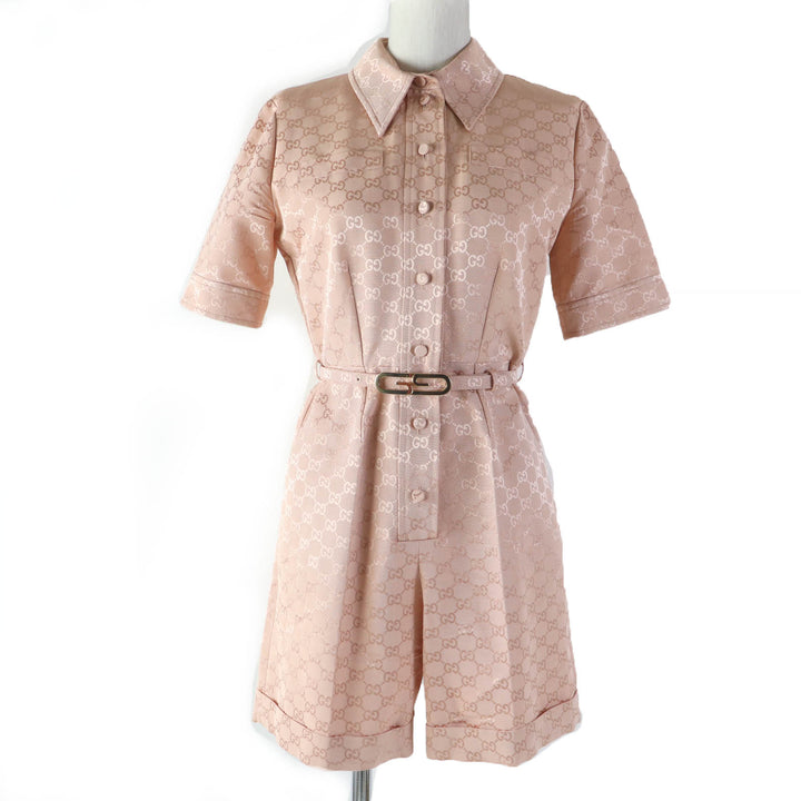 Excellent GUCCI Tsunagi GG pattern belted jumpsuit all-in-one pink cotton Women