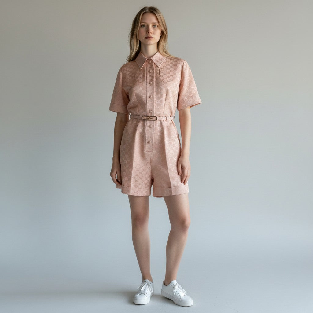 Excellent GUCCI Tsunagi GG pattern belted jumpsuit all-in-one pink cotton Women
