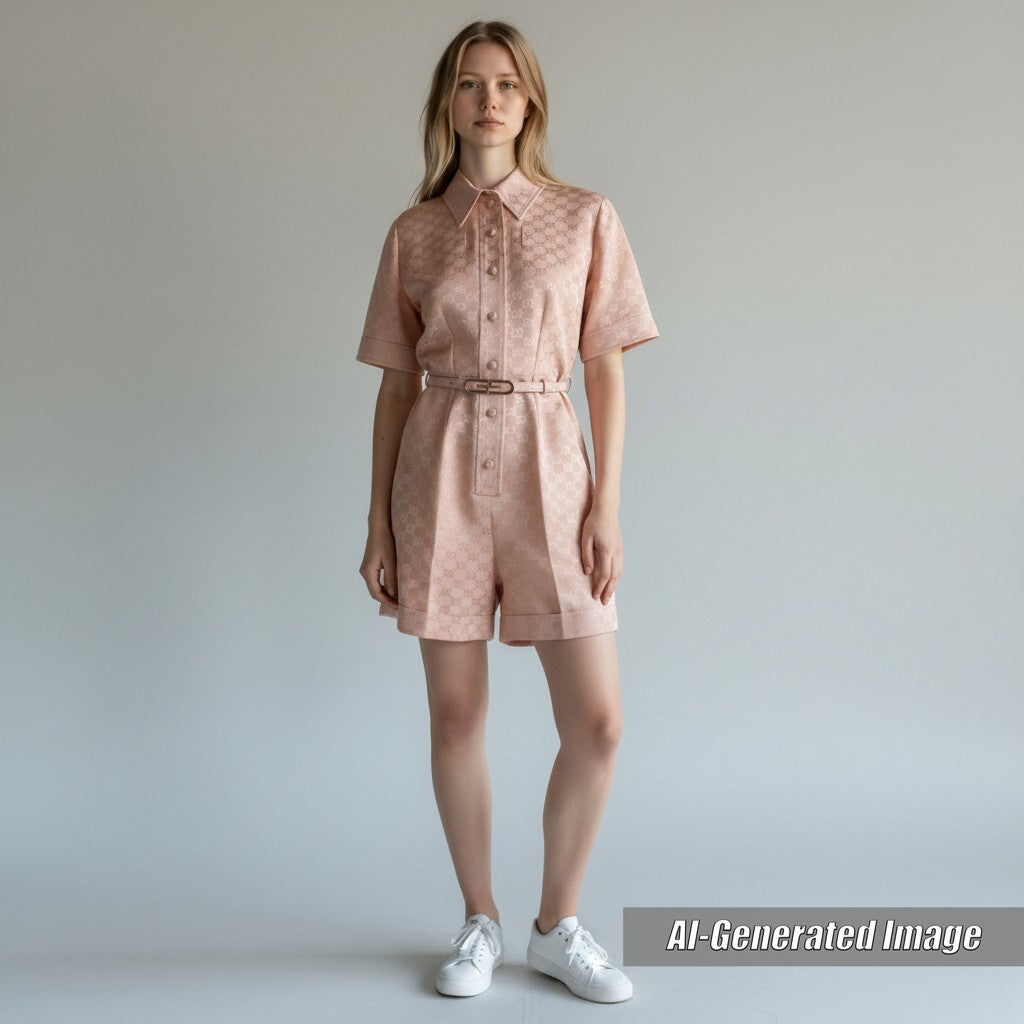 Excellent GUCCI Tsunagi GG pattern belted jumpsuit all-in-one pink cotton Women