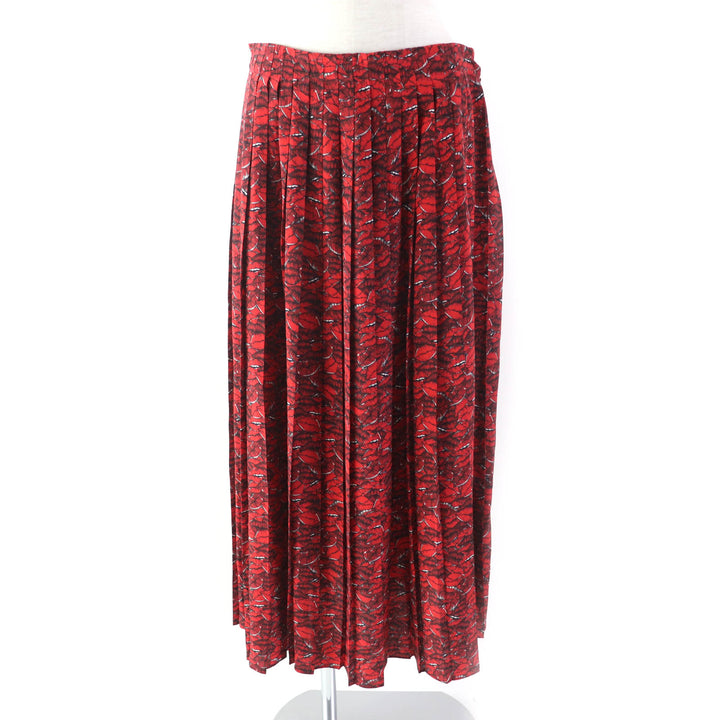 Excellent VALENTINO Long skirt Lip Print Pleated Red silk Women 42 VB3RA74062W