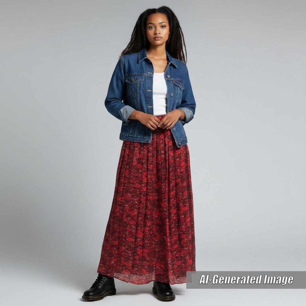 Discounted Excellent VALENTINO Long skirt Lip Print Pleated Red silk Women 42 VB3RA74062W