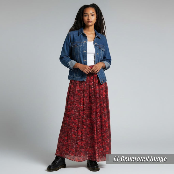 Discounted Excellent VALENTINO Long skirt Lip Print Pleated Red silk Women 42 VB3RA74062W