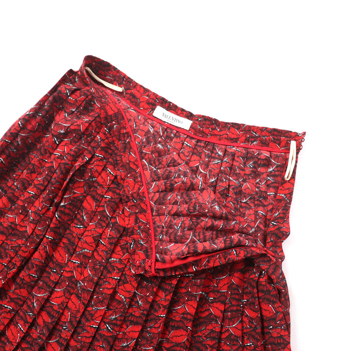 Excellent VALENTINO Long skirt Lip Print Pleated Red silk Women 42 VB3RA74062W