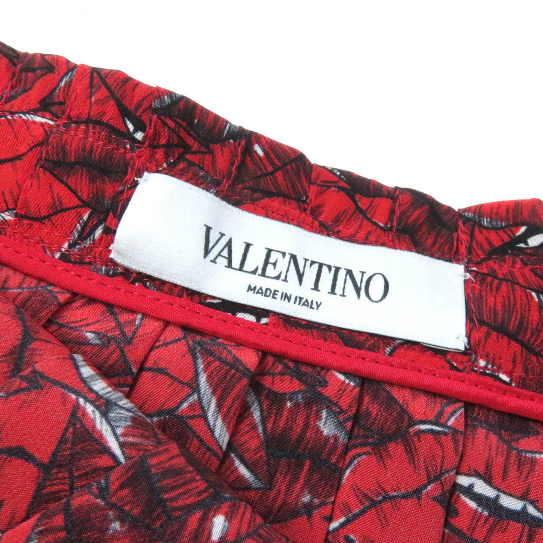 Excellent VALENTINO Long skirt Lip Print Pleated Red silk Women 42 VB3RA74062W