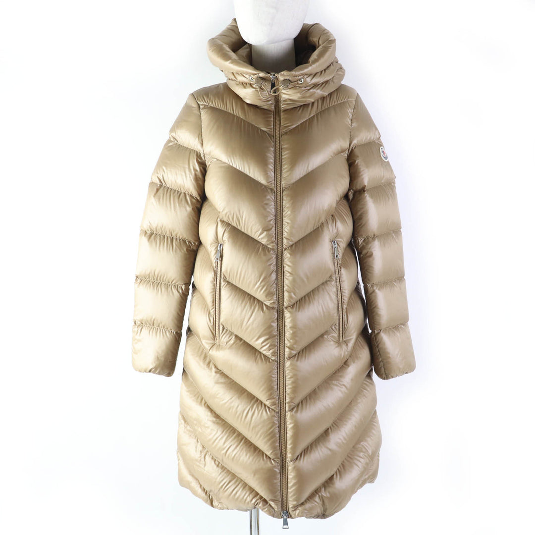Great MONCLER down coat CAMBALES Logo patch, hooded, ZIP UP, long length light brown Nylon Women