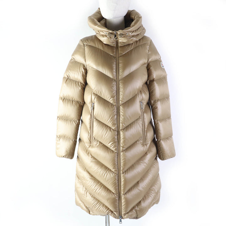 Great MONCLER down coat CAMBALES Logo patch, hooded, ZIP UP, long length light brown Nylon Women