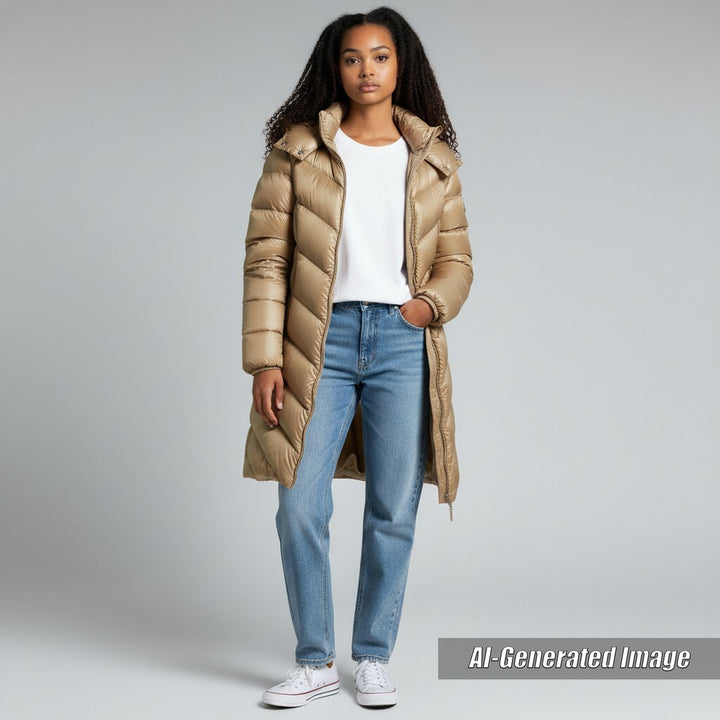 Great MONCLER down coat CAMBALES Logo patch, hooded, ZIP UP, long length light brown Nylon Women