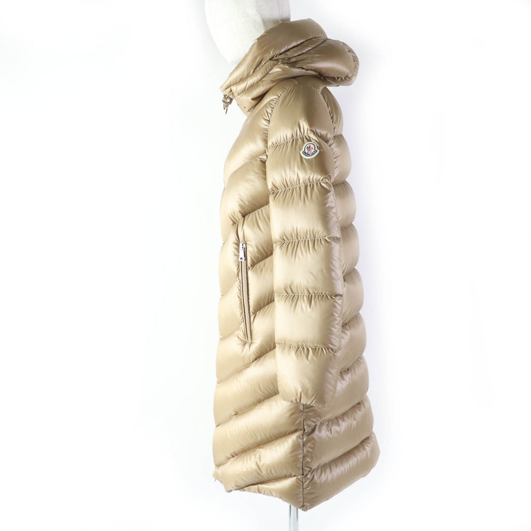 Great MONCLER down coat CAMBALES Logo patch, hooded, ZIP UP, long length light brown Nylon Women