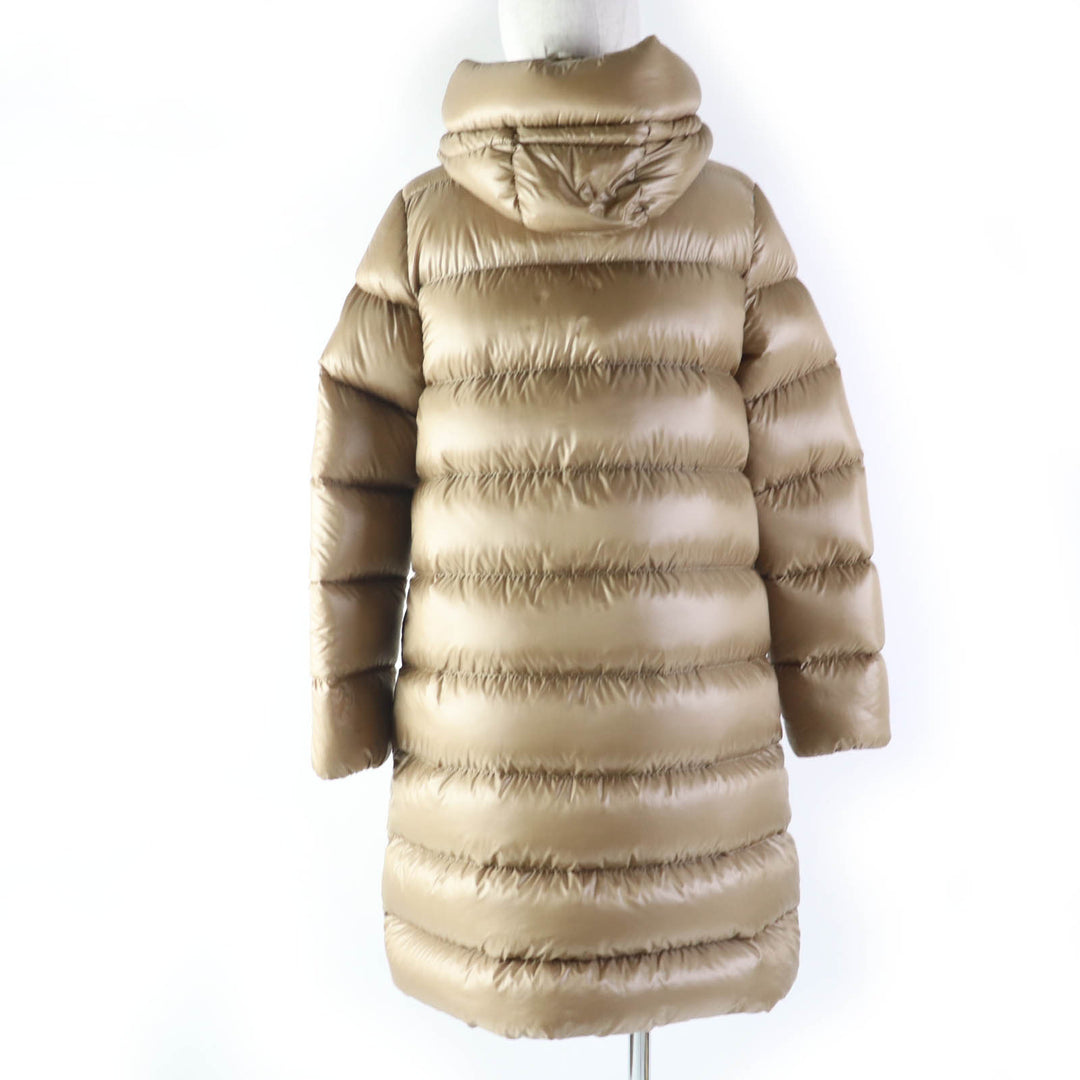Great MONCLER down coat CAMBALES Logo patch, hooded, ZIP UP, long length light brown Nylon Women