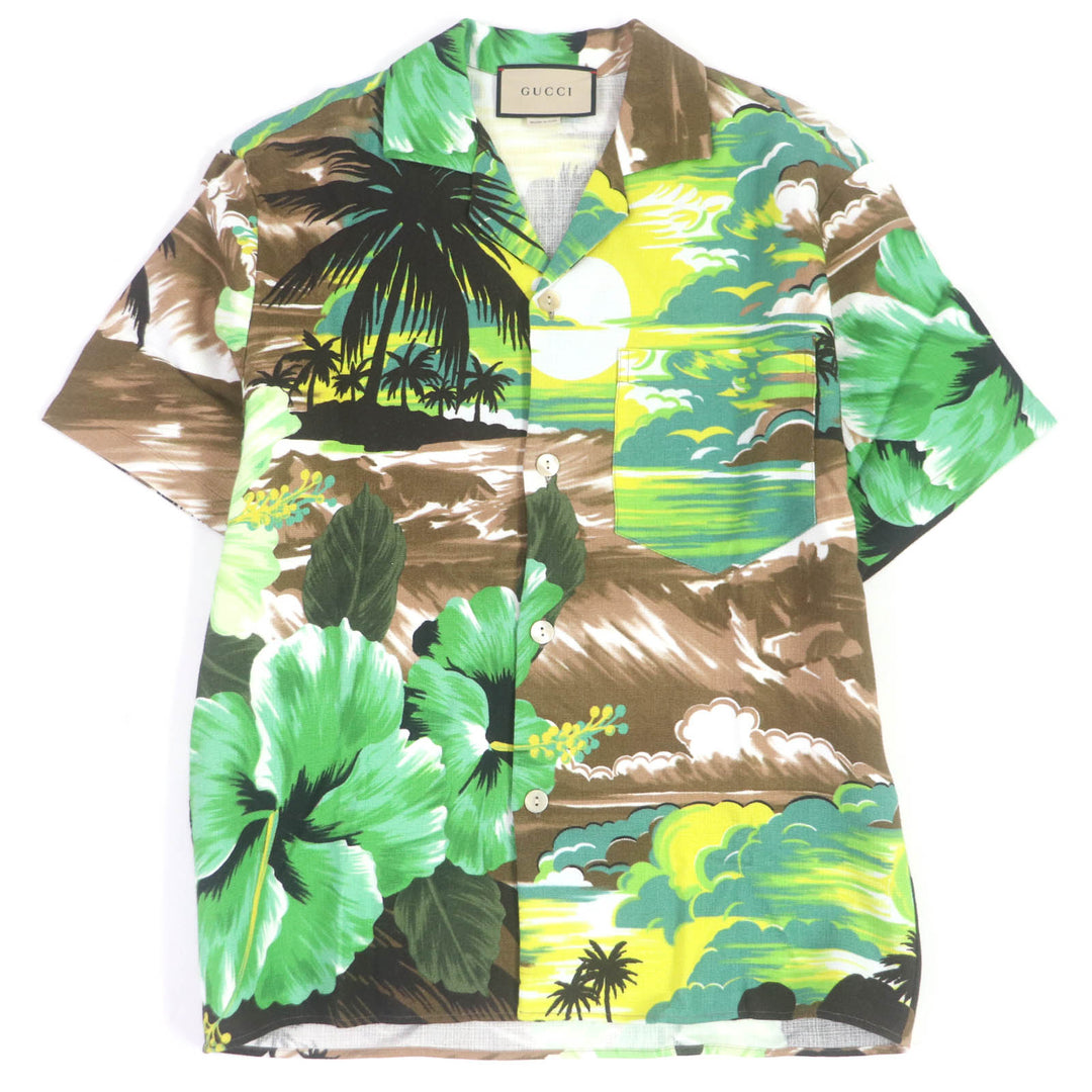 Excellent GUCCI Short sleeve shirt LOVE PARADE back print aloha shirt Brown mens 44 694123