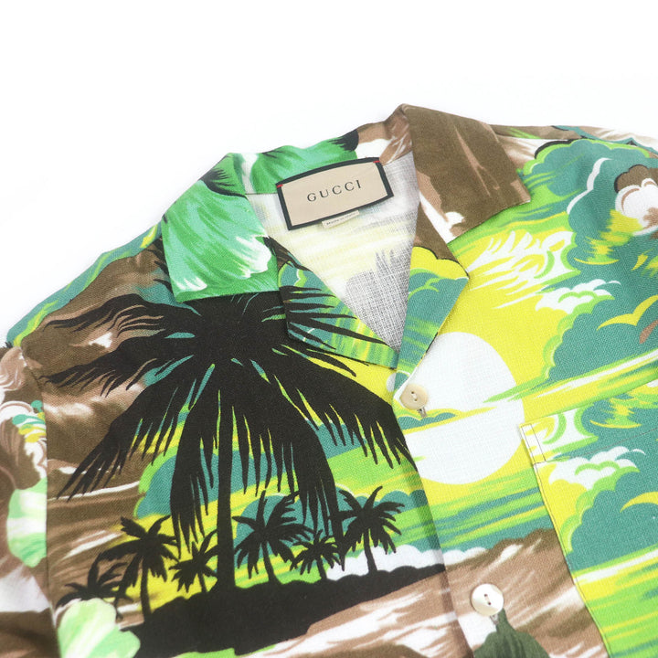 Excellent GUCCI Short sleeve shirt LOVE PARADE back print aloha shirt Brown mens 44 694123