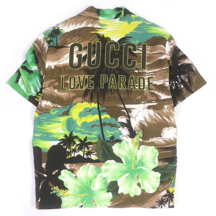 Excellent GUCCI Short sleeve shirt LOVE PARADE back print aloha shirt Brown mens 44 694123